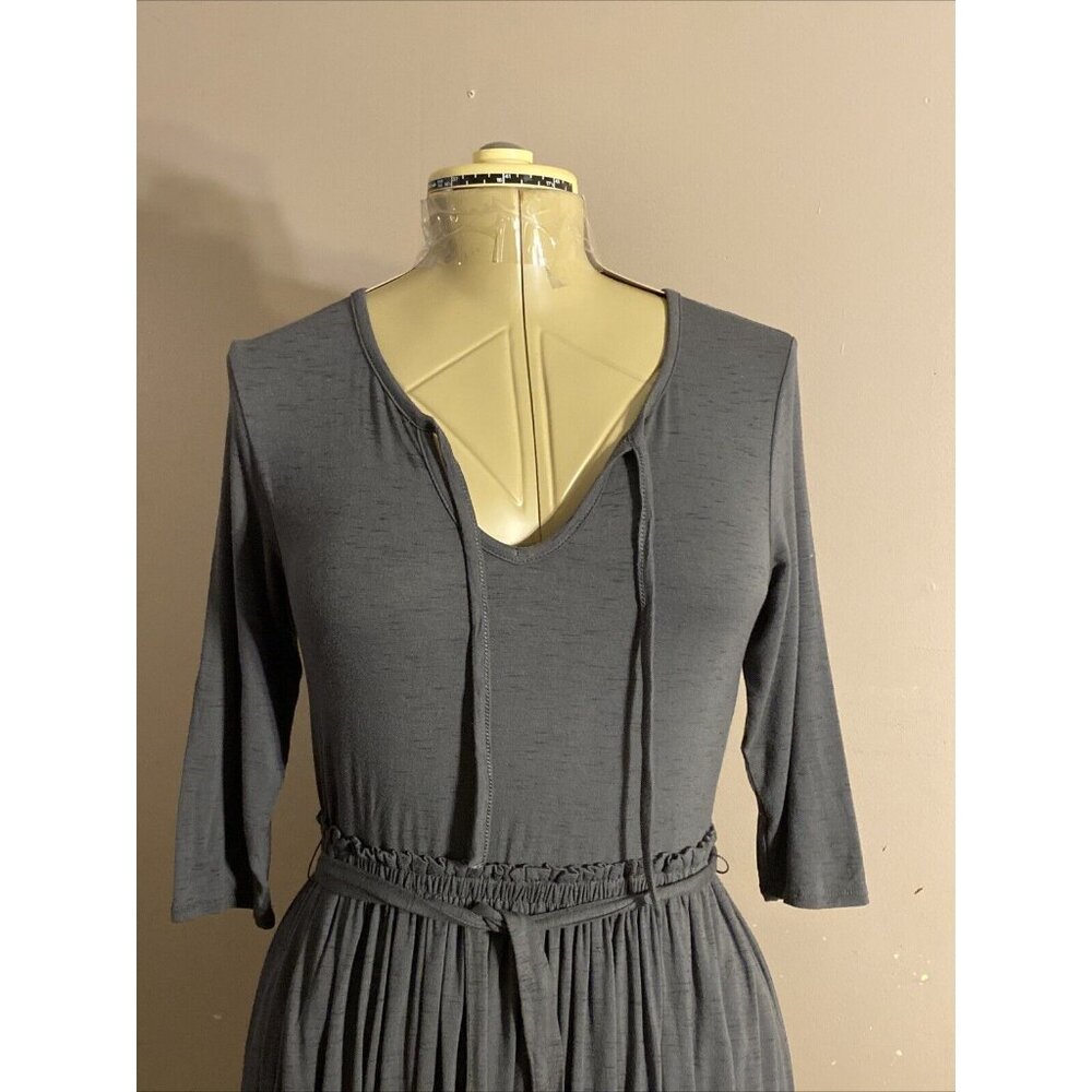 Matilda Jane Sz S Grey Gray Midi Dress Elastic/Tie Waistband V-Neck 3/4 Sleeve - Picture 2 of 12